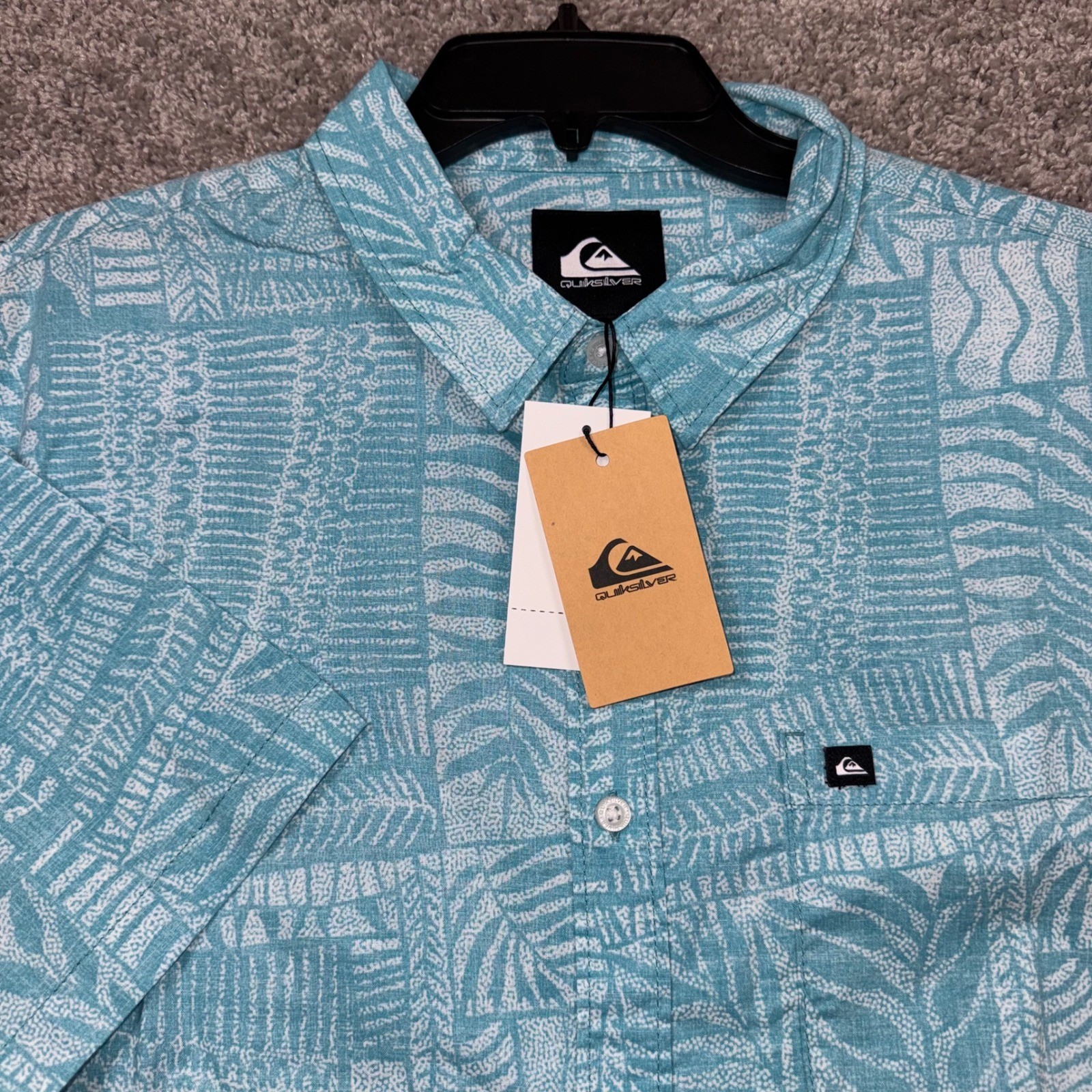 Quiksilver Mio Button Up Mens Tropical Print Aqua Blue Large NEW