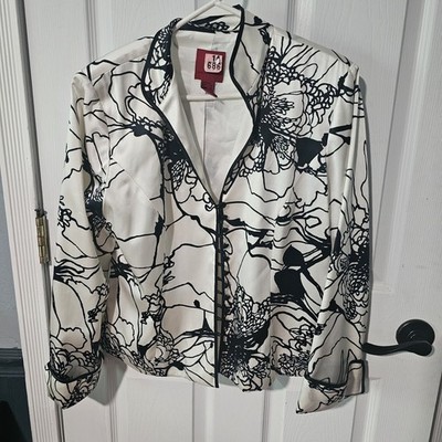 JS Collections Silk Blazer Blouse Botanical Abstract Design Black White Sz 14