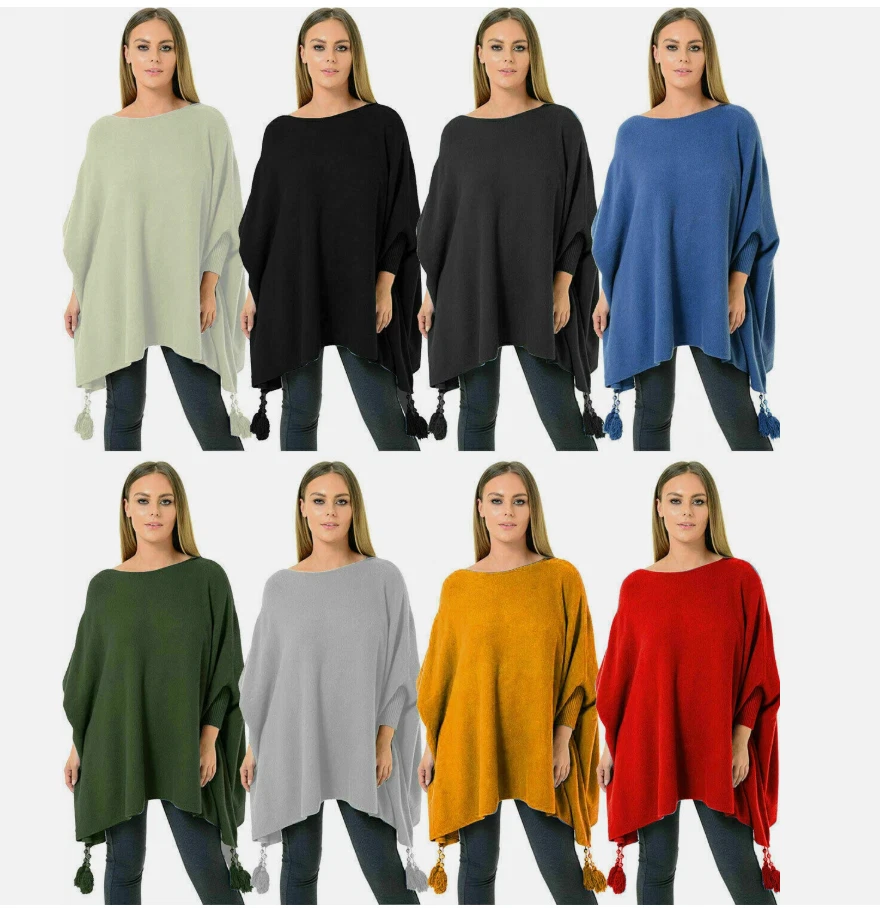 Women's Italian Boxy Batwing Tassel Poncho Knitted Cape Shawl Top One Size 8-28