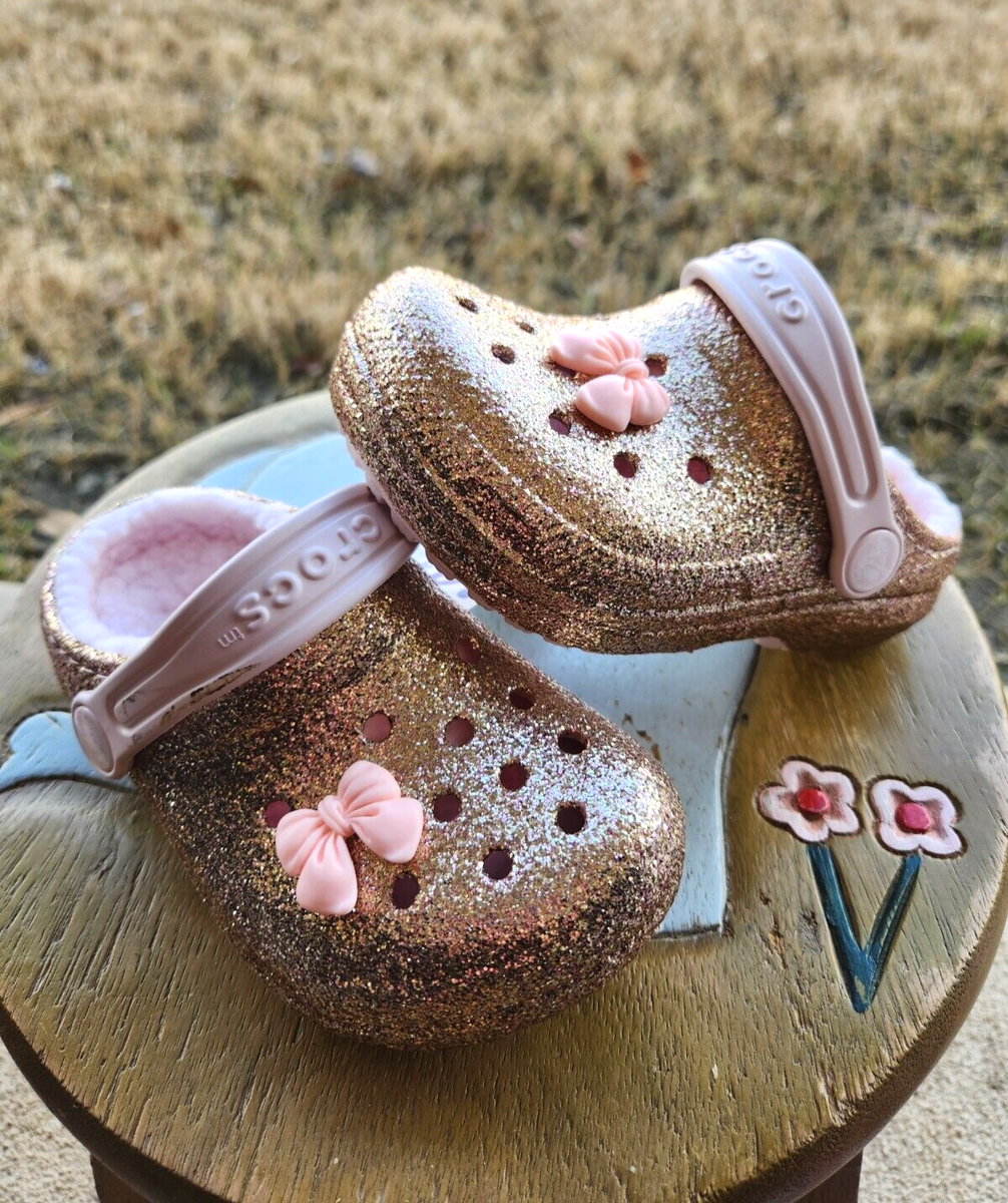 Metallic Rose Gold Crocs WOMENS CROCS CLASSIC GLITTER CLOG CLEARANCE
