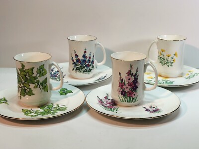 Crown Sterling Fine Bone China Floral Coffee Cups Saucers Set Of