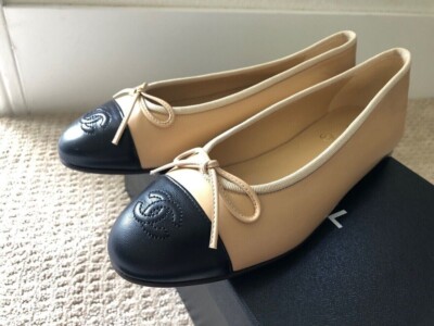 New in box Chanel Size 37.5 Beige/Black Lambskin Cap Toe Ballerina