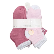 10 Pairs of DANSKIN Girls Quarter Socks Shoe Size 4-10 Pink White