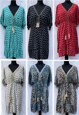 Neu Damen Damen Freizeit Sommer leichte V-Ausschnitt Quaste Krawatte Druck Kleid Tunika