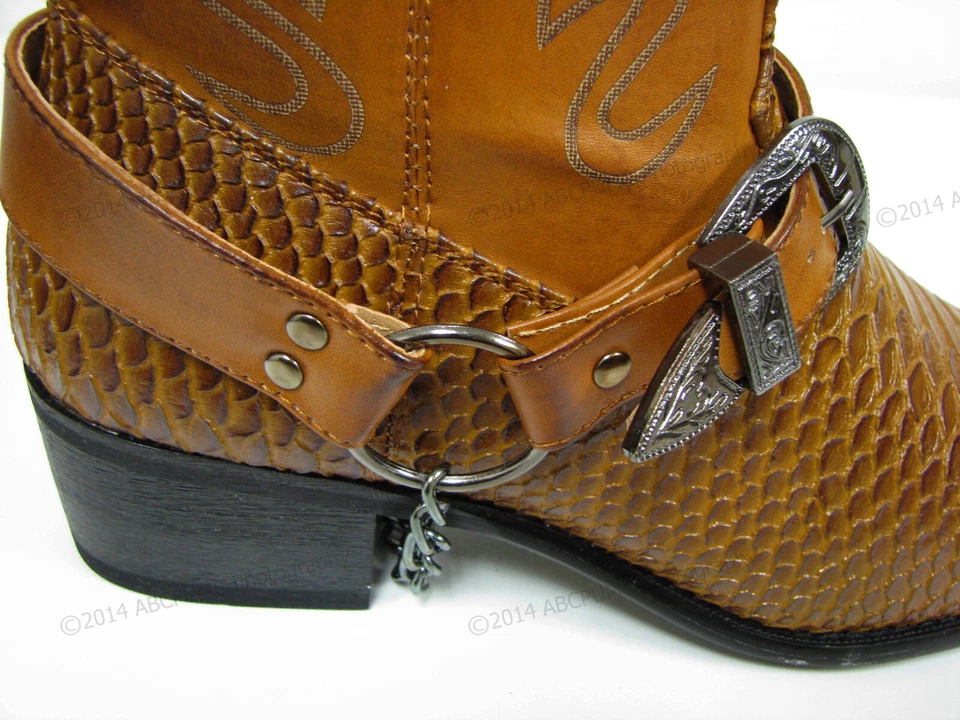 Brand New Mens Cowboy Boots Western Snake Skin Print Zippper Buckle Harness Shoe - Image 3 of 4