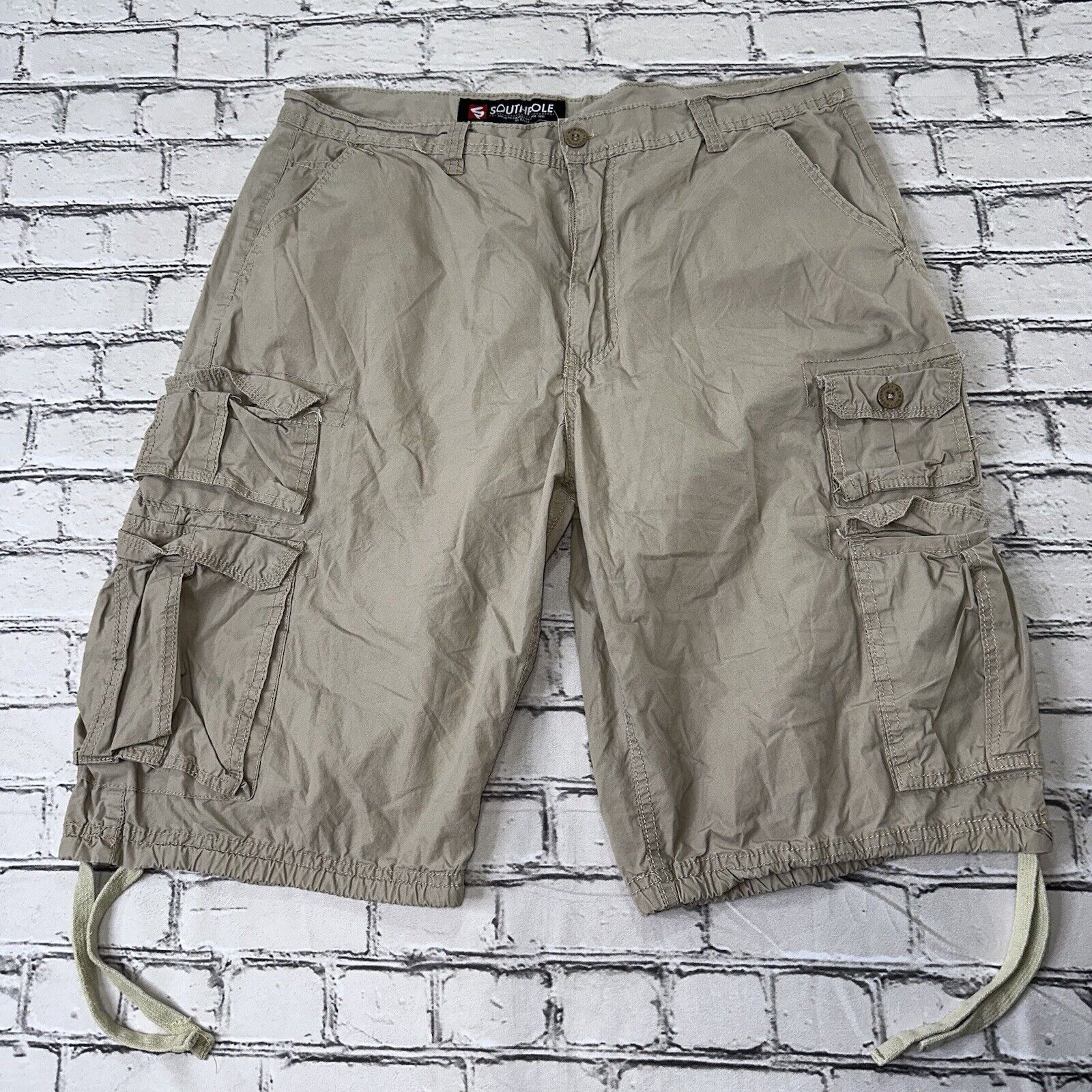 Southpole Tan Cargo Parachute Shorts Mens Size 40 Drawstrings Hip Hop Baggy  Y2K