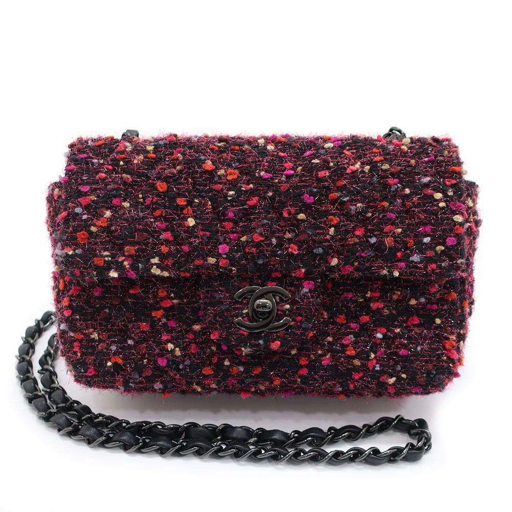 CHANEL Pink Black Tweed Lambskin Chain Shoulder Bag 20cm Ladies Handbag