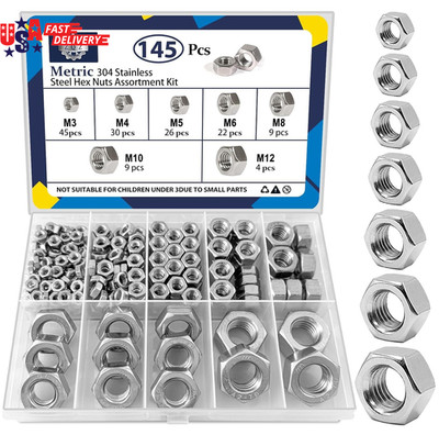 145 PCS Assorted Stainless Steel Hex Nuts Assortment Kit M3 M4 M5 M6 M8 M10 M12