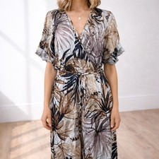 Karen Kane Desert Breeze Cuff Sleeve Maxi Dress Tropical Print Belted Size L NWT
