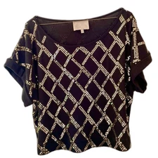 Lush Gold Sequin Top S cris cross style crop blouse cuff sleeves black Vegas