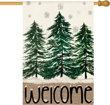 Welcome Christmas House Flag 28X40 Inch Double Sided Outside, Christmas Tree Win