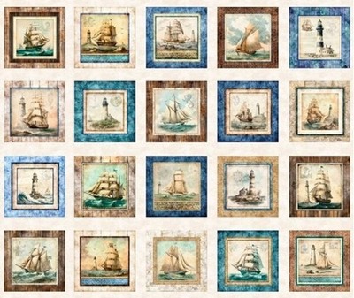 Sirens Call Nautical Patches Vintage Sailboats Lighthouses 36x44 Fabric Panel