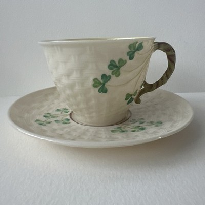 Vintage Belleek Shamrock Cup & Saucer Set  5th Green Mark 1955-1965 MINT 140g!