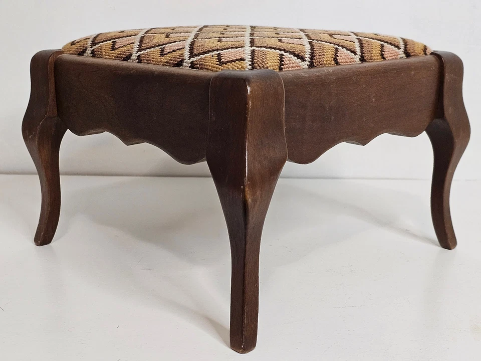 Vintage Footstool Wooden Queen Anne Leg Diamond Tapestry Stool 11" X 11" X 7.5" - Image 3 of 4