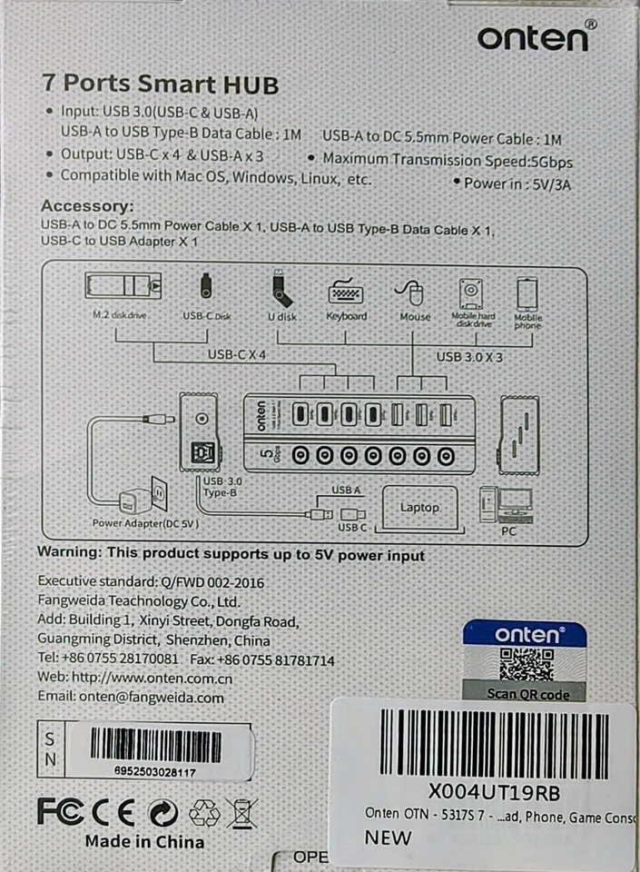 Onten OTN-5317S 7 Port USB 3.0 Hub Type C and USB A Ports 5Gbps for PC Mac Linux - Image 2 of 2