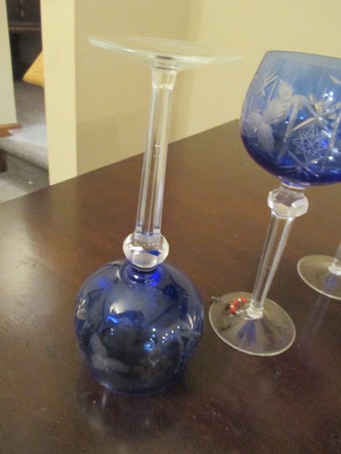 Vtg Blue Cut To Clear Crystal Wine Goblet Glass 8 1/4" SET of 4 - Picture 8 of 9