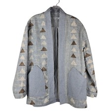 8 AM Fashion 100 Linen Jacket Small Blue Geometric Triangle Open Front USA