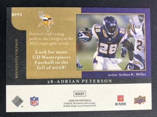 2008 Upper Deck Masterpieces Adrian Peterson #MPP-5 Minnesota Vikings - Picture 2 of 2