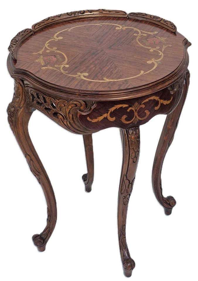 Lámpara lateral francesa vintage tallada en nogal mesa incrustación floral y patas descapotables años 30 Foto 2 de 4