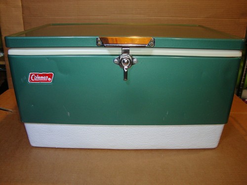 Vtg 1970s Large Coleman Green White Metal / Plastic Cooler July 1975