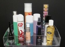 Clear acrylic makeup tray cosmetic cady flame polished rubber grips organizer