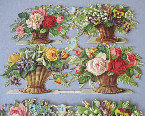8 Antique Die-Cut German Scrap Deeply Embossed BASKETS Violets LOV Roses * Uncut - Picture 3 of 7