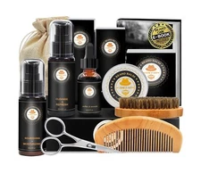 Upgraded Beard Grooming Kit Conditioner Oil Balm Brush Shampoo Comb Scissors Bag