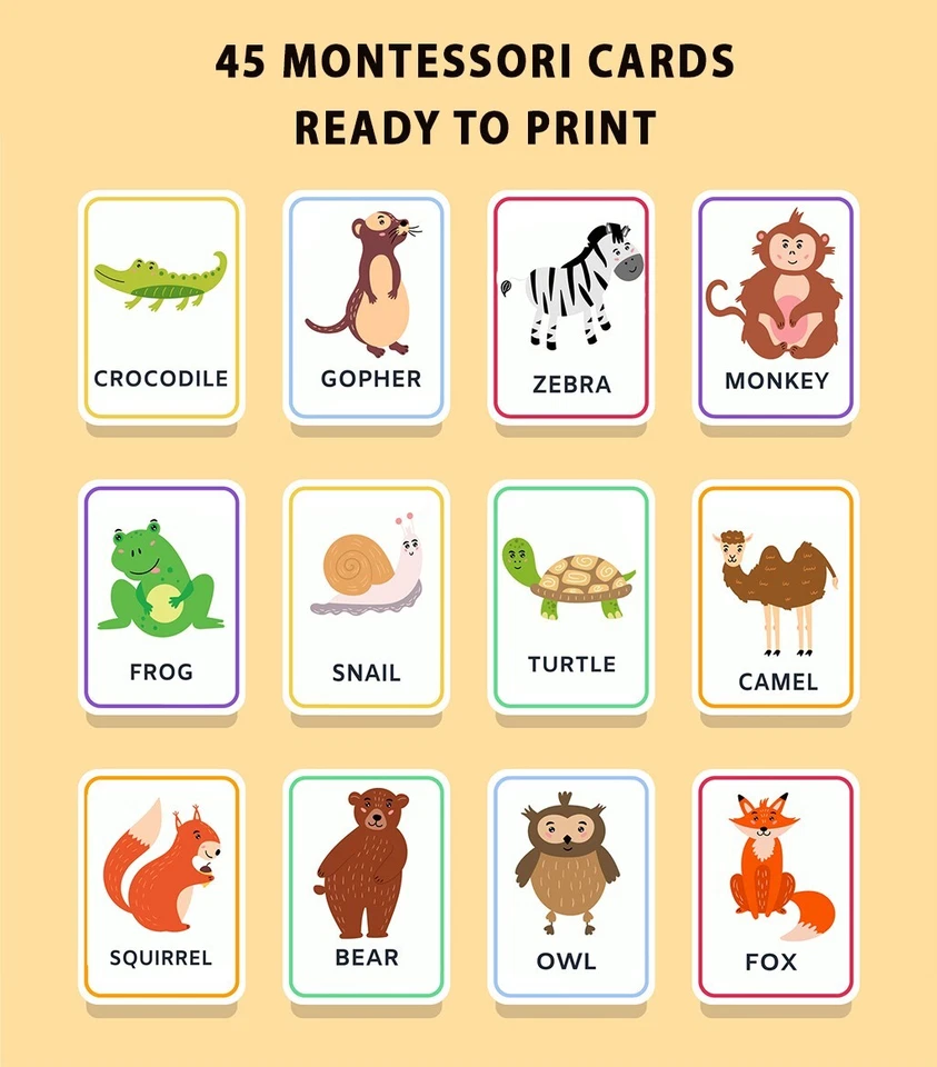 Druckbare 45 Tiere Flash Karten-Montessori-inspiriert 45 Karten Set für Vorschule