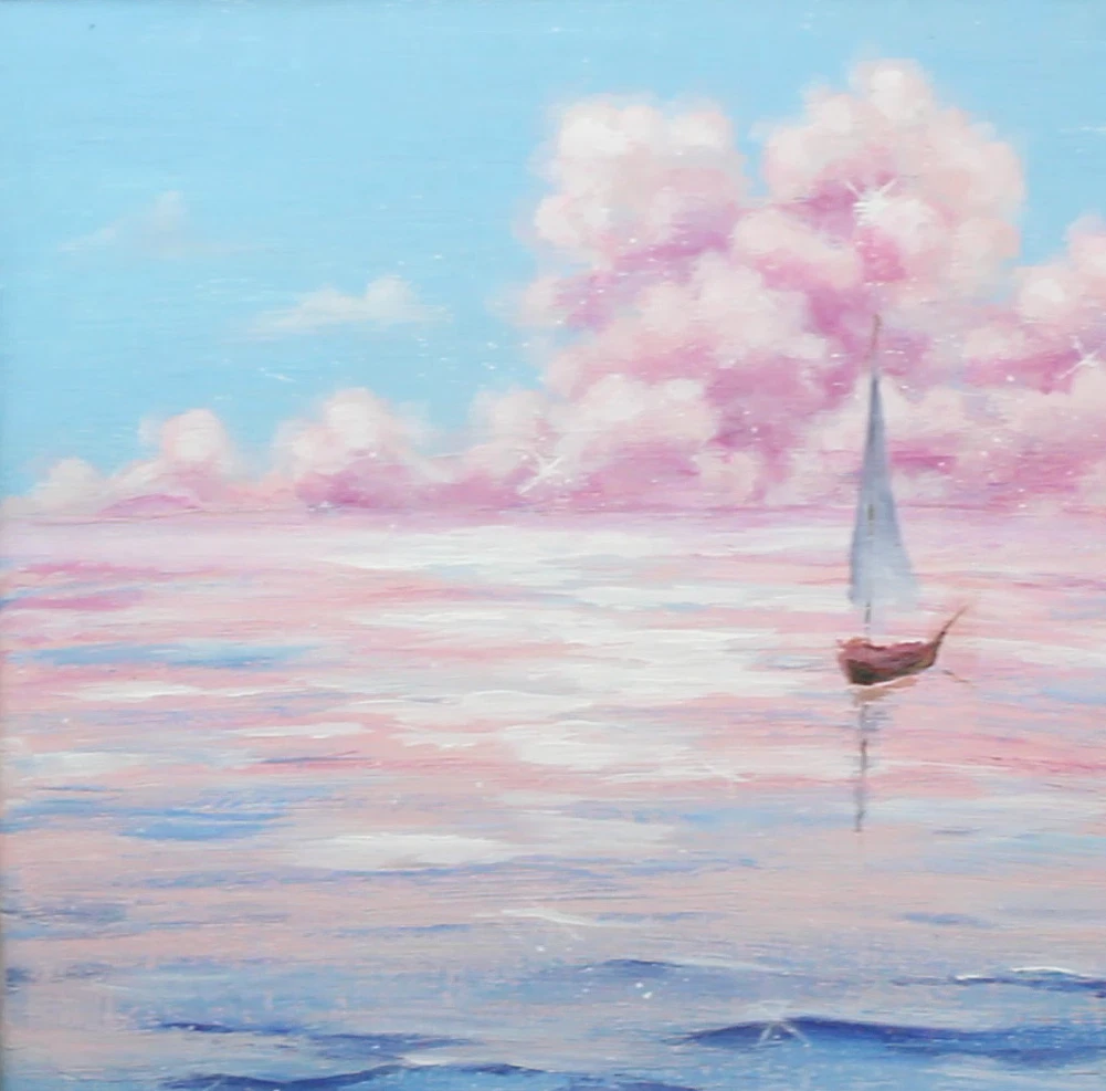 Original Acrylic Painting on Canvas Pink Seascape and Lonely Boat Wall Decor