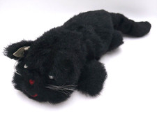 Vintage Black Plush Cat Laying Down Red Nose and Mouth 13" Green Eyes