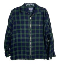 Vtg Quizz Blue Green Tartan Plaid Flannel Zip Shirt Jacket Women Medium Shacket