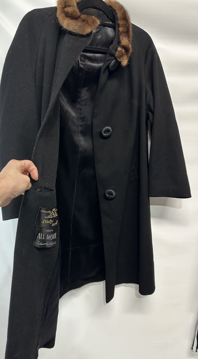 ジャケット・アウター 50s vintage wool jacket Vintage 50s Judy Nell Midi Top Coat Black Wool Mink Collar Jacket