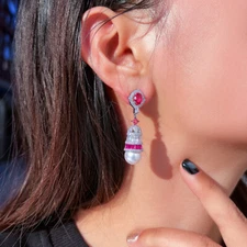 Women Trendy Silver Plated Hot Pink Cubic Zirconia Long Pearl Drop Prom Earrings