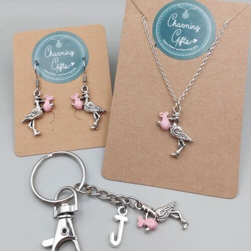 Boucles d'oreilles cigogne rose, bracelet, collier, porte-clés, signet maternité douche bébé - Photo 1 sur 56