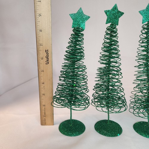 Green Glitter Wire Christmas Trees With Base 9" x 3" Set of 4 Holiday Decoration - Picture 7 of 9