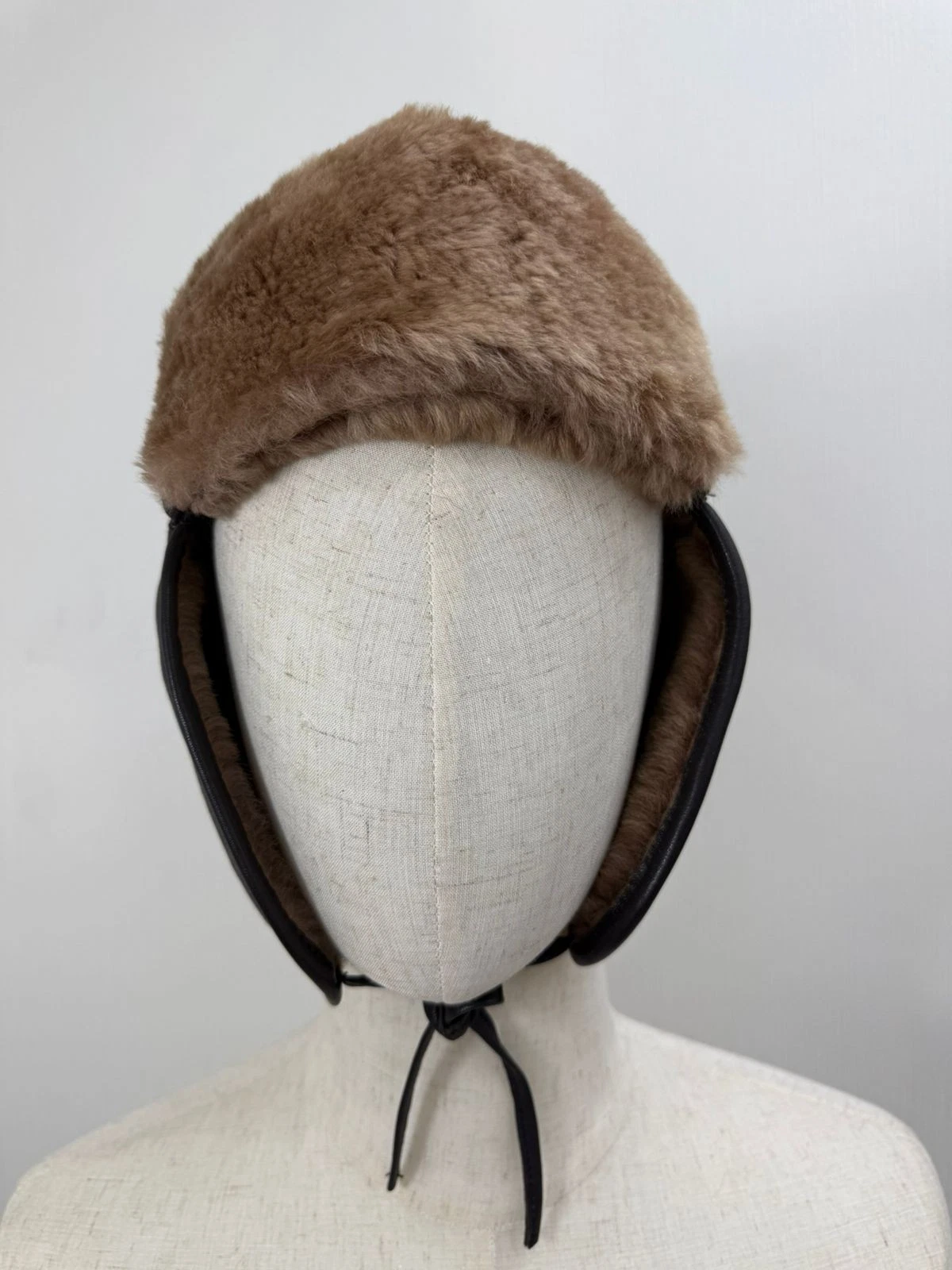 Vintage Real 100% Fur Sheepskin Bomber Caps Leather Trapper Hat Dark Brown