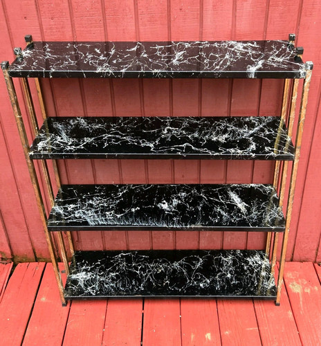 Vintage MCM Metal Bookshelf Etagere 4 Tier Black Gold Splatter Paint Mid Century - Picture 2 of 24