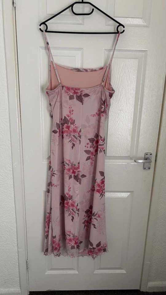 Women's Pink Floral Satin Slip Dress Midi Strappy Scoop Neck Polyester Lrg - Image 2 of 4