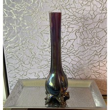 Purple Bohemian Iridescent Art Glass Loetz or Kralik Style Hand Blown Vase 13"T