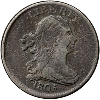 1805 C-1 R-1 Sm 5, Stemless Draped Bust Half Cent Coin 1/2c