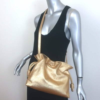Loewe Flamenco Medium Clutch Distressed Gold Leather Crossbody Bag