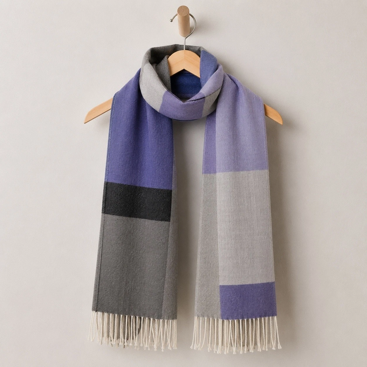 Lands End Plaid Scarf Womens Gray Purple Colorblock Wool Blend Classic Preppy