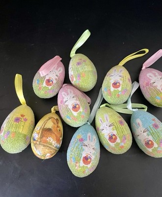 Set Of 10 Sugar Easter Egg Ornaments With Ribbon Hangers 