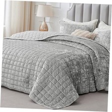 Velvet Quilt Set Queen Size - Luxury Full/Queen 88"x92" Shiny Light Grey