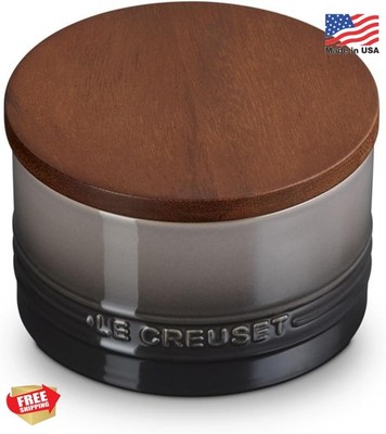 Le Creuset Signature Medium Salt Cellar 16oz Oyster Stoneware Wood Lid