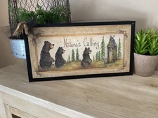 Bear Natures Calling cabin outhouse country bathroom home decor wooden sign