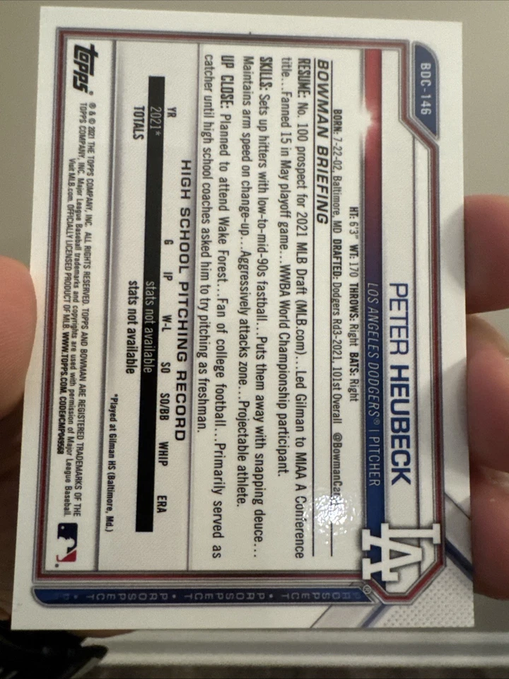 🔥🔥🔥2021 1st Bowman Chrome Red Refractor Lava Peter Heubeck #/5 Dodgers - Image 2 of 2