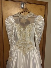 Vintage White Satin Gold Sequined Wedding Dress Attached Train