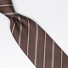 John G Hardy Mens Silk Necktie Brown White Pindot Dotted Stripe Weave Tie Italy