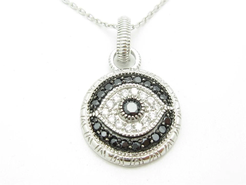 Platinum Sterling Silver Diamond Set Black & White Evil Eye Kabbalah Necklace